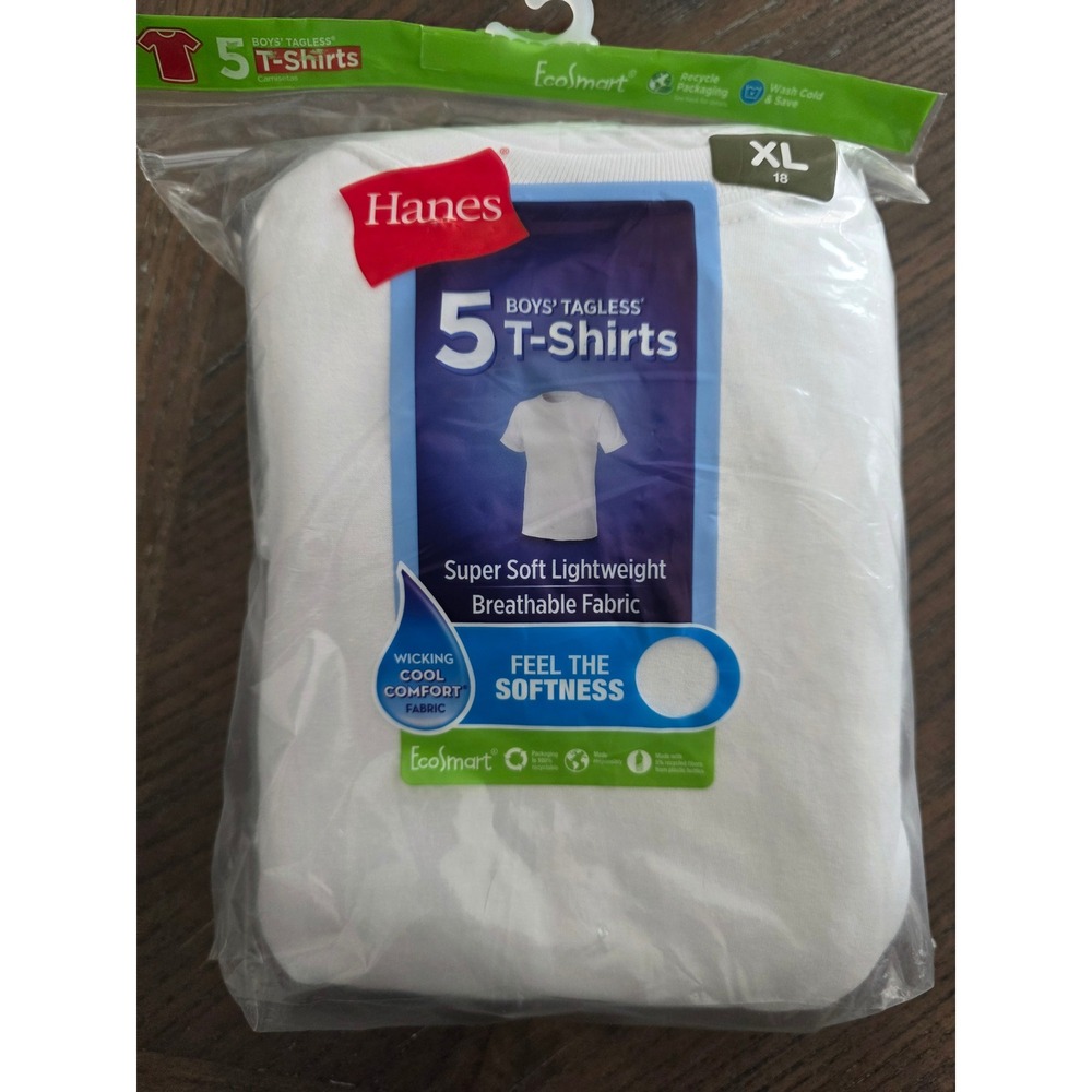 Hanes Boys 5pk Crew Neck T-Shirt White XL 18-20 big Kid Tagless Undershirts
